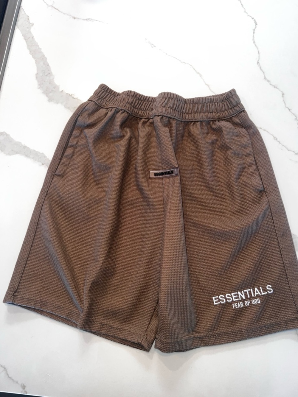 FEAR OF GOD ESSENTIALS brown waffle weave athletic shorts, men’s medium
